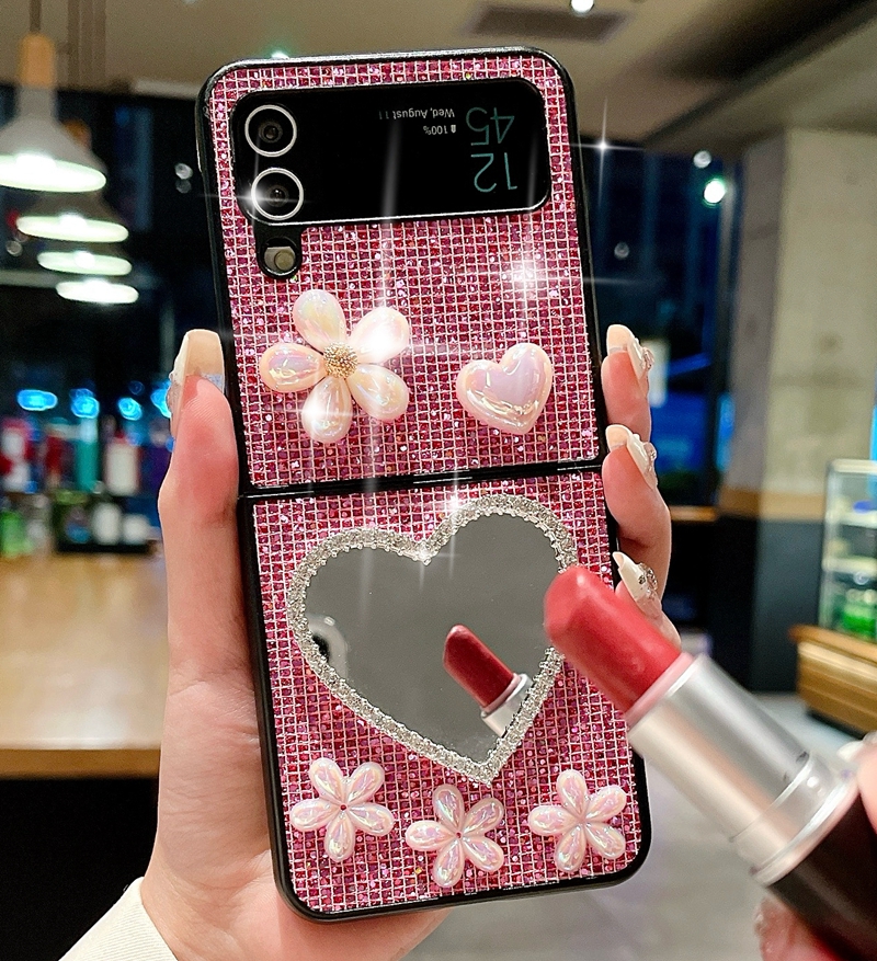 ZFLIP5 BLING DIAMOND MIRROR -FALL för Samsung Galaxy Z Fold 5 4 Flip 3 Fold5 3D Heart Love Flower Girls Lady Past Plastic Sock Proof Folding Luxury Shinny Phone Cover