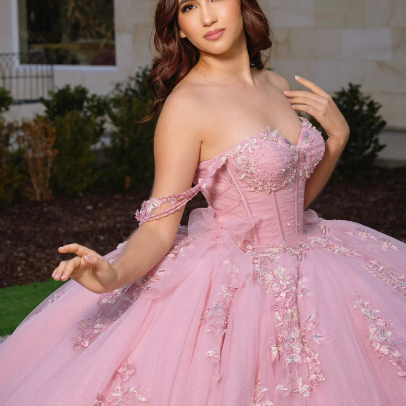 Luxe rose brillant Quinceanera robe épaule dentelle appliques perles Tull doux robes 15 De XV Anos XV Brithday doux 16 robe