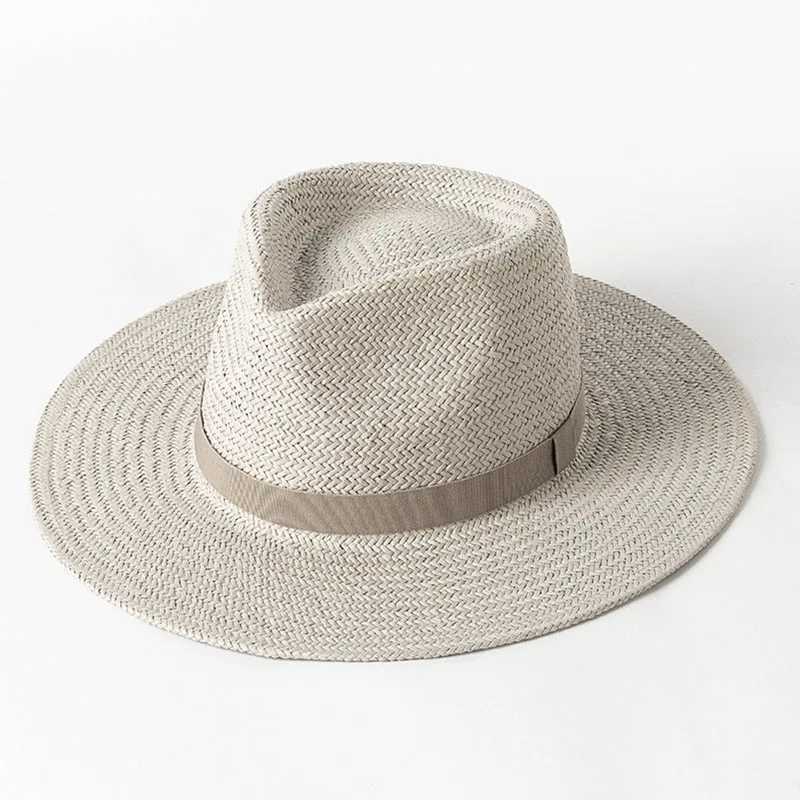 Breda brimhattar hink hattar 2023 Nytt vanligt band Panama Straw Hats for Women Summer Beach Hats Wide Brim Sun Hat Funeral Church Derby Fedora Cap Upf50+ J240305