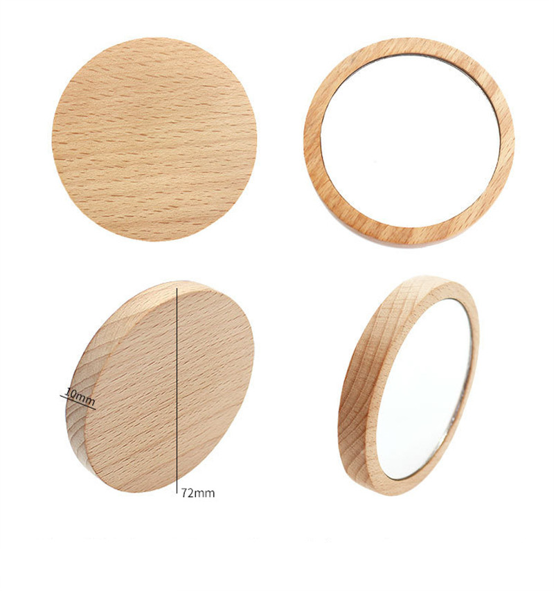 Wooden Small Round Mirror Portable Pocket HD Mirror Wood Mini Makeup Mirror