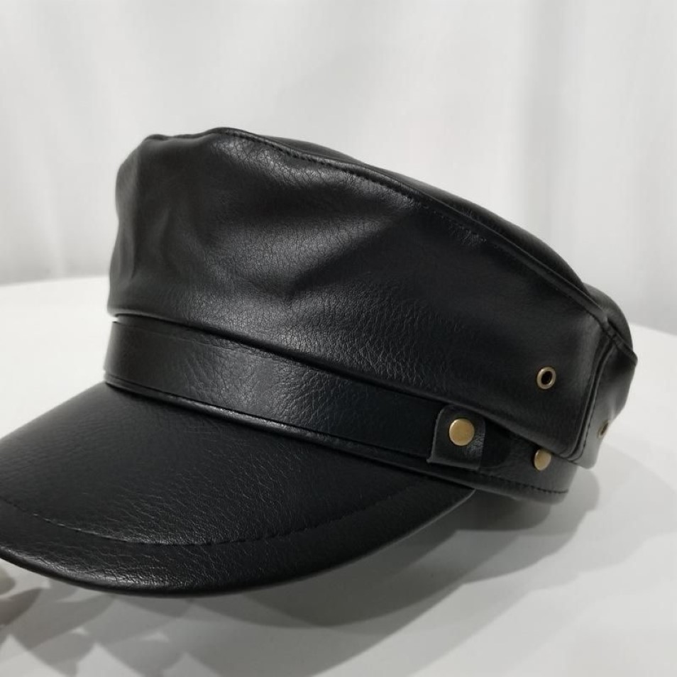Autumn and Winter Ladies Flat Top Pu Leather Caps Black Hat Fashion Men's Hats Warm Thick Cap Bone Navy Wide Brim229s