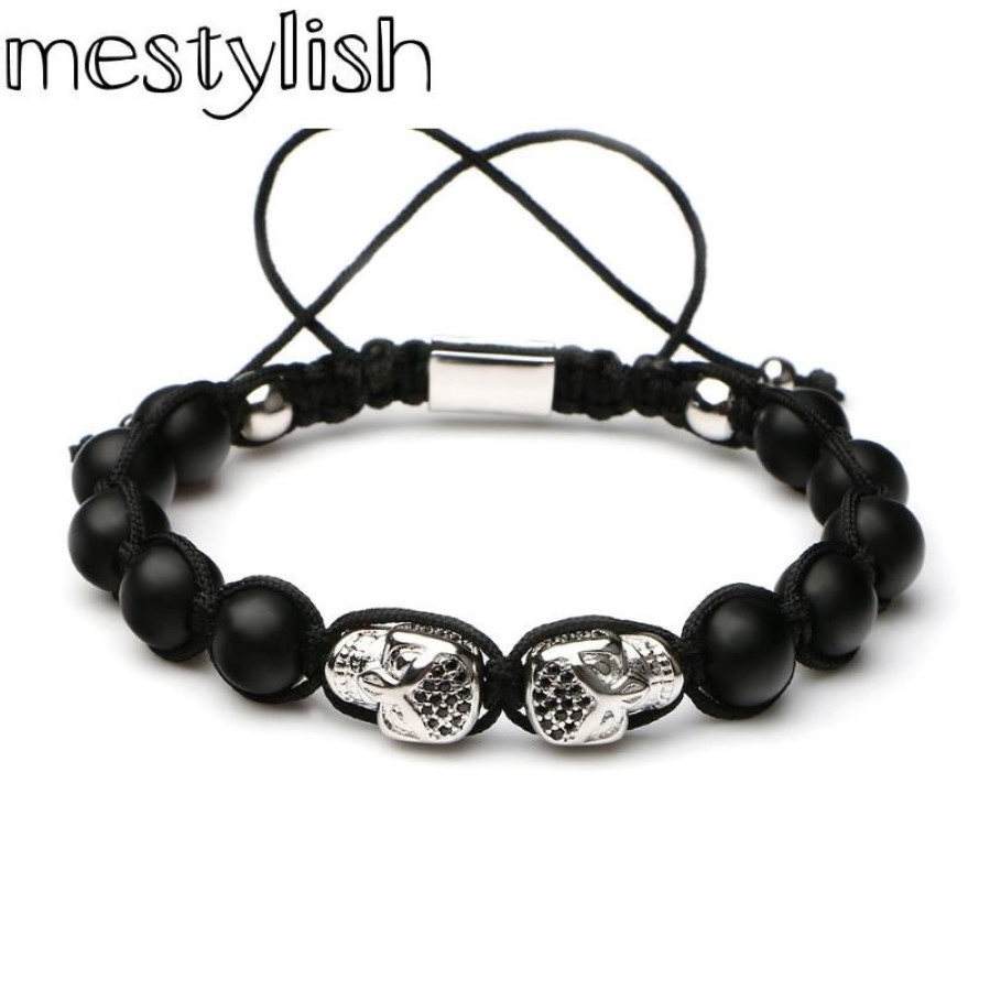 Mestylishdouble Skull Nature Stone Beads Braiding Macrame Bracelet Skeleton Knit Men for Men JewelryPulsera238e