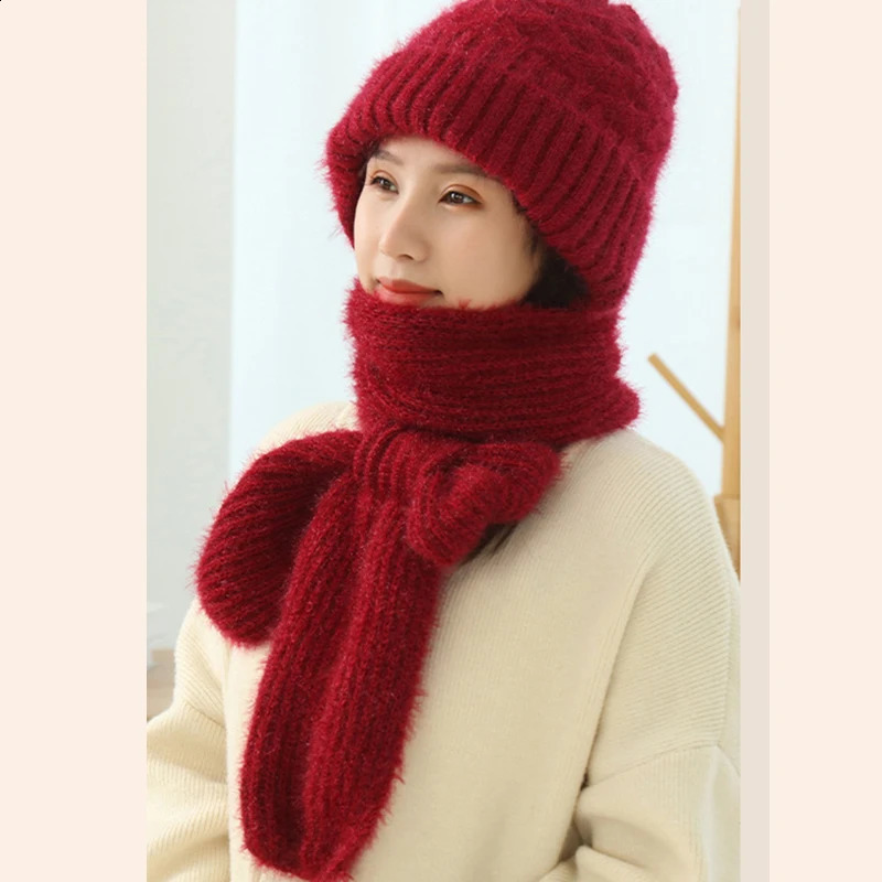 Cappello e sciarpa in peluche tutto in uno lavorato a maglia da donna inverno caldo ispessito con cappuccio protezione le orecchie da sci all'aperto berretto da donna 240227