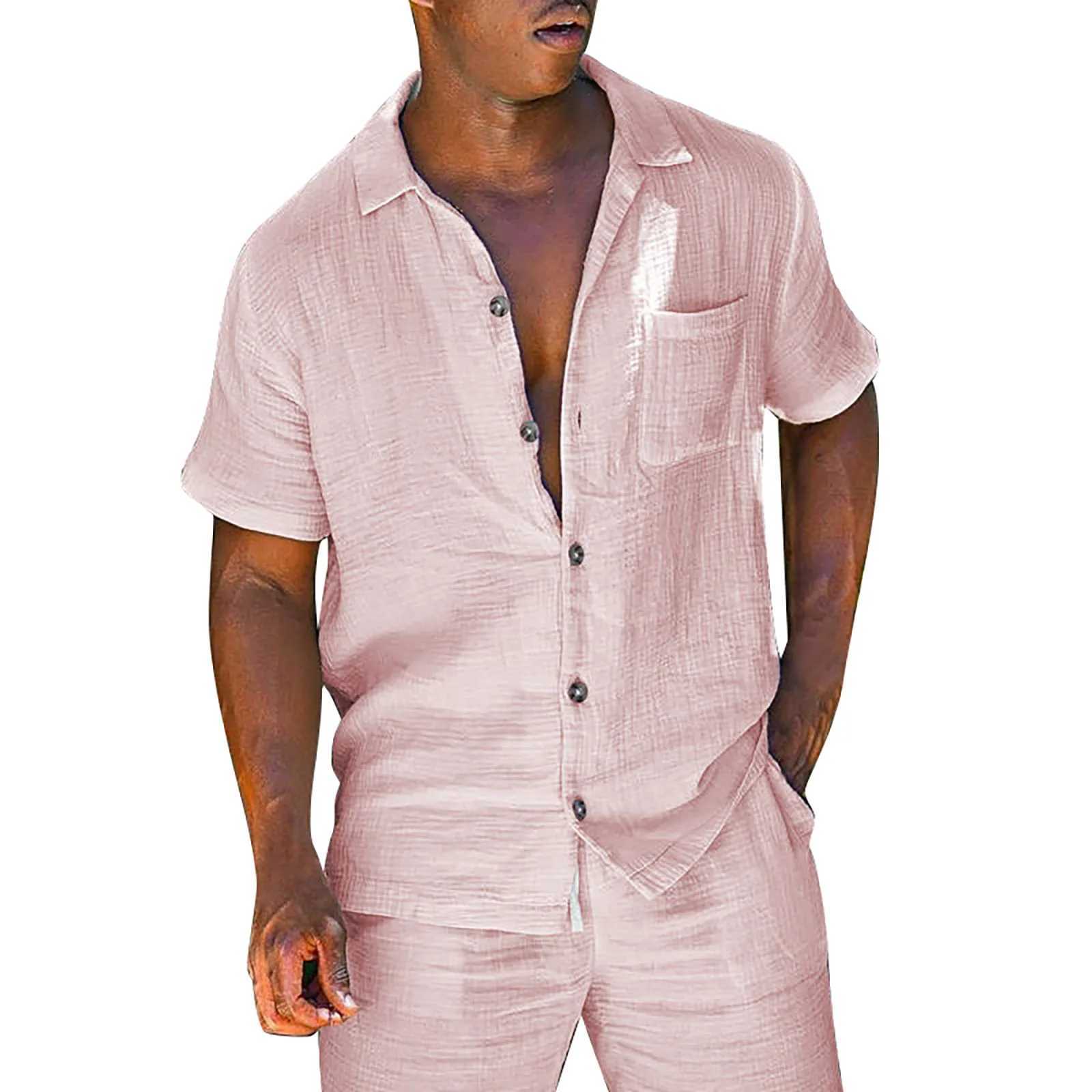 Męskie dresy męskie 2-częściowy lniany zestaw liniwy z krótkim rękawem z kieszeniami i szortami letnie spodnie plażowe wszystkie męskie zestaw slim j240305