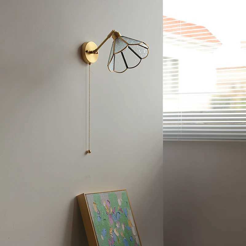 Wall Lamp IWHD Green Glass LED Wall Lights Fixtures Home Indoor Lighting Pull Chain Switch Copper Beside Lamp Up And Down AdjustableL2403