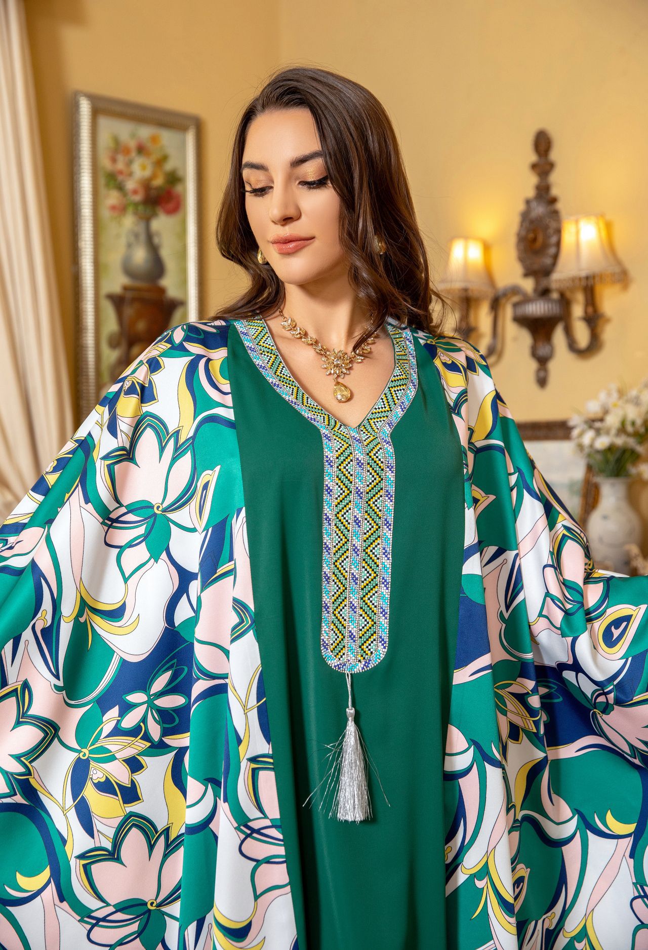 Muslimska mantel kvinnor kläder 2024 ny stil abaya bat hylsa enstor diamant mellanöstern arabisk klänning elegant tryck kaftan caftan marocain femme