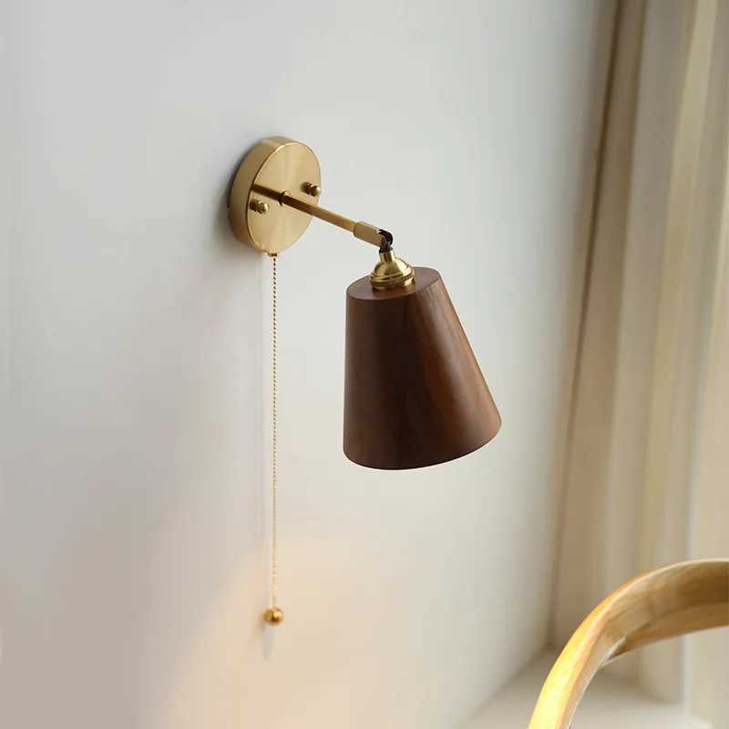 Applique IWHD Pull chaîne en bois applique à côté de cuivre bras réglable chambre salle de bain miroir escalier lumière nordique moderne applique murale LED