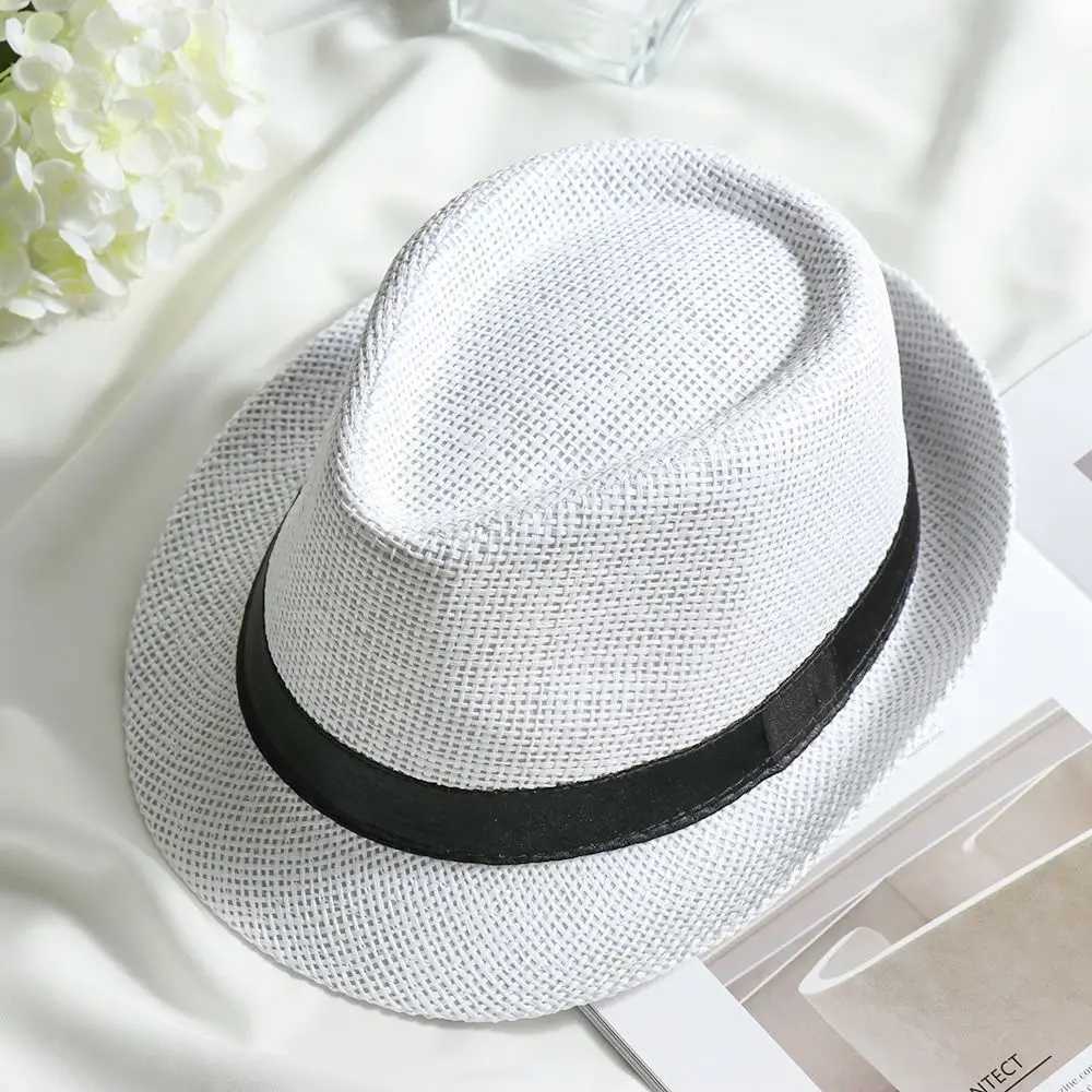 Wide Brim Hats Bucket Hats Unisex Fashion Beach Sun Hat Summer Wide Brim Straw Panama Hat Casual Jazz Dress Hat Cowboy Fedora Hat Black Gang Hat J240305