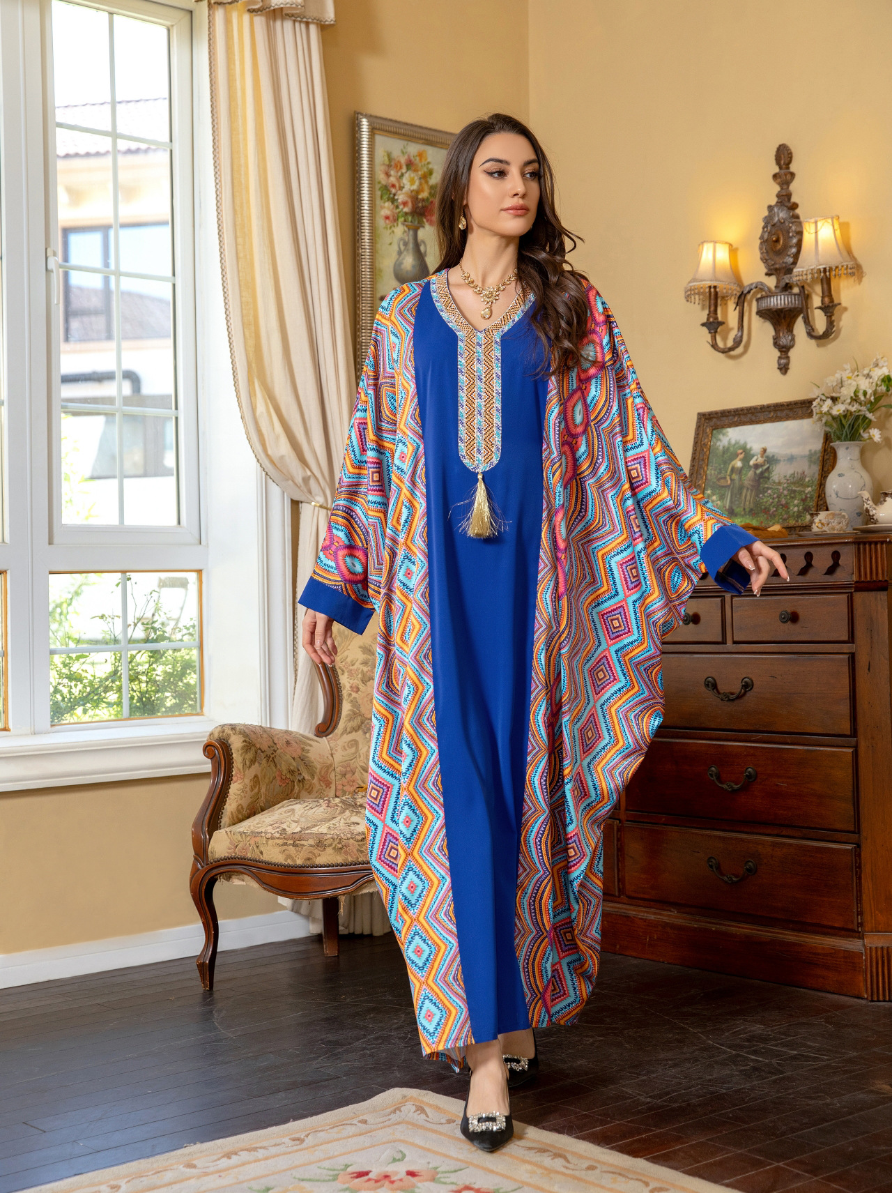 رداء المسلمات ملابس النساء 2024 جديد على الأكمام Abaya Bat Sleeve أحادية الماس في الشرق الأوسط اللباس العربي الأنيق الطباعة Kaftan Caftan Marocain Femme