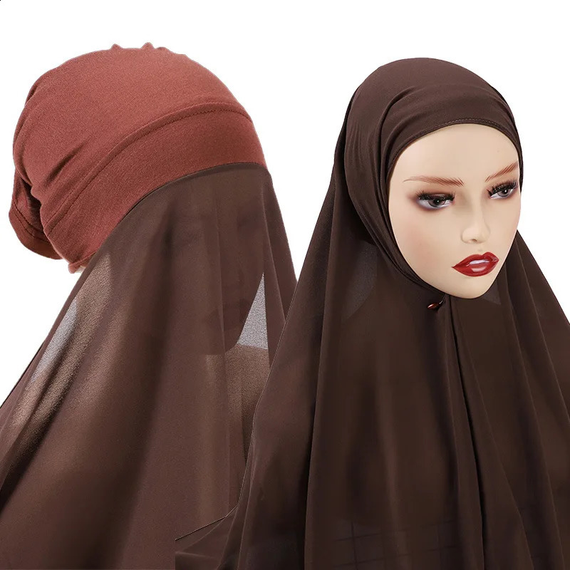 Hijab met onderkap bevestigd chiffon hijab sjaal instant hijab moslim vrouwen mode headwrap sjaals tulband hijab voor vrouwen 240301