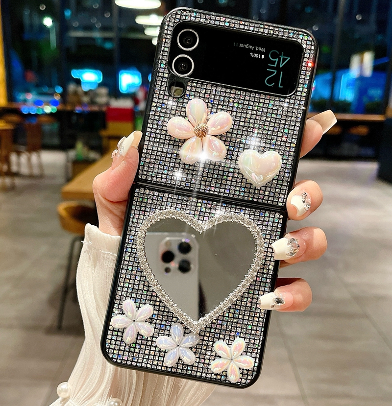 ZFlip5 Bling Diamond Spiegelhoesjes Voor Samsung Galaxy Z Fold 5 4 Flip 3 Fold5 3D Hart Liefde Bloem Meisjes Dame Hard PC Plastic Schokbestendig Opvouwbaar Luxe Glanzend Telefoonhoesje