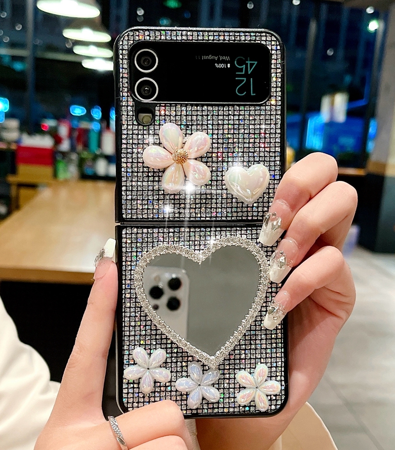 Zflip5 Bling Diamond Mirror Case for Samsung Galaxy Z Fold 5 4 Flip 3 -Fold5 3d Heart Love Flower Dady PC PC Plastikowe Plastikowe Składanie Luksusowe okładka telefoniczna