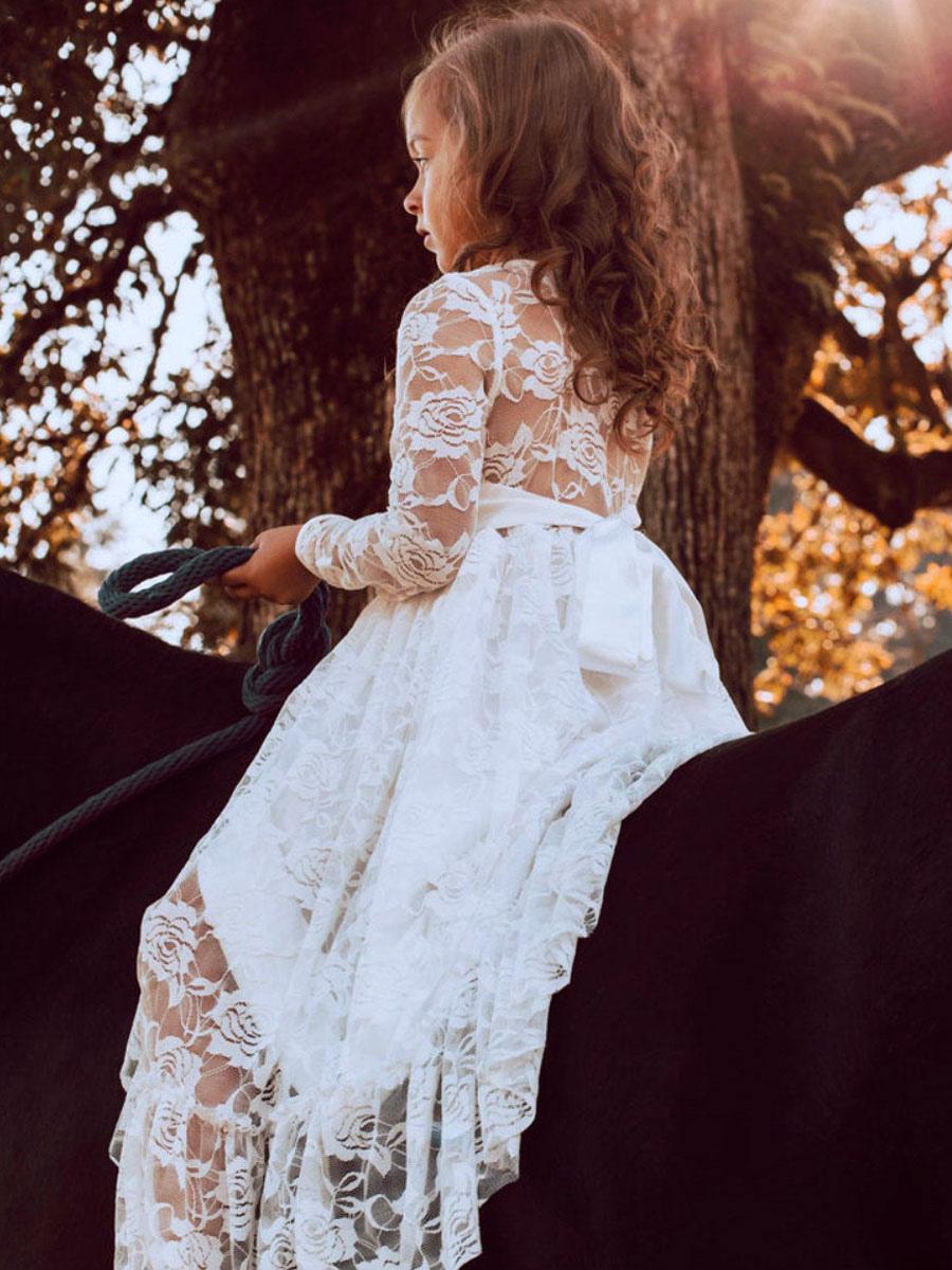 Jewel Neck Long Sleeves Flower Girl Dresses Delicate Lace Kids Little Girls Birthday Social Party White Gowns Long Toddler Wedding Prom First Communion Gowns CL3351