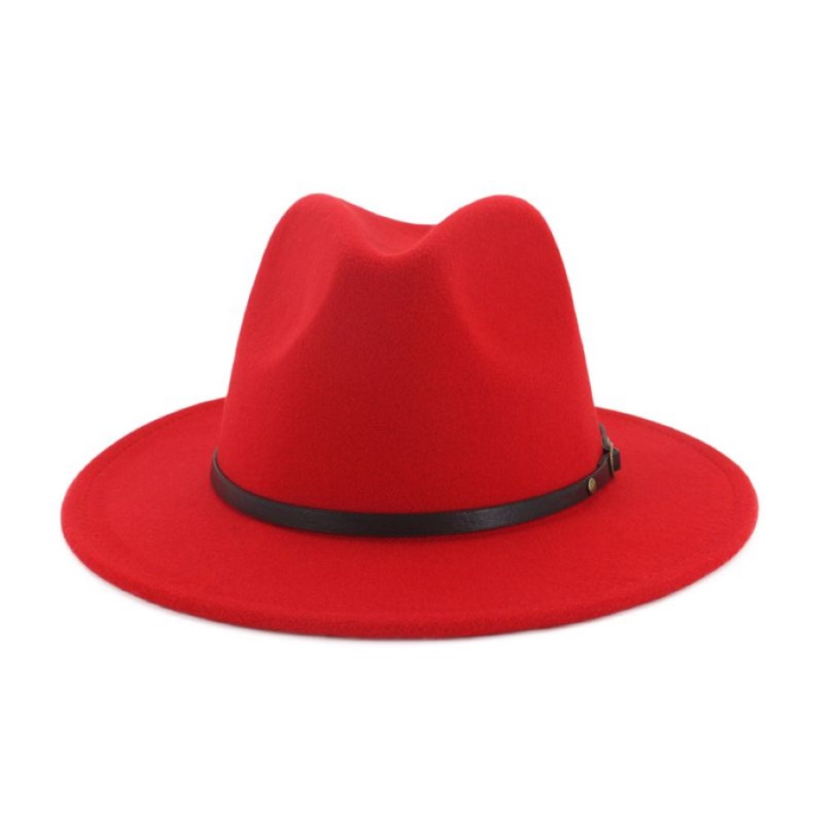 Unisex Flat Brim Wool Feel Fedora Hats z paskiem czerwony czarny patchwork jazzowy formalny kapelusz panama czapka trilby chapau dla mężczyzn Women T2001350M