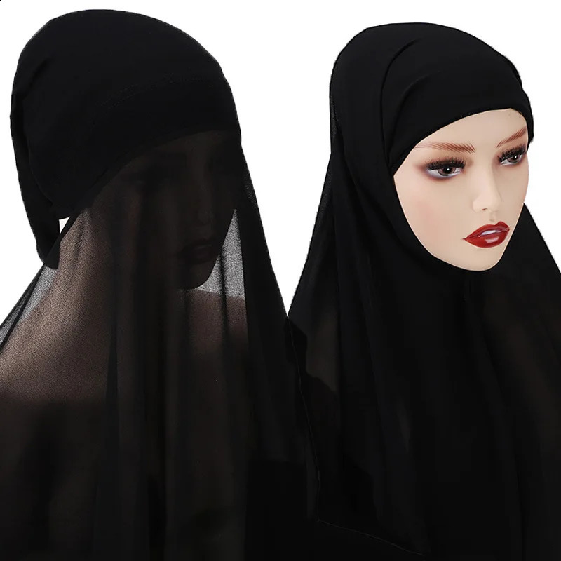 Hijab met onderkap bevestigd chiffon hijab sjaal instant hijab moslim vrouwen mode headwrap sjaals tulband hijab voor vrouwen 240301