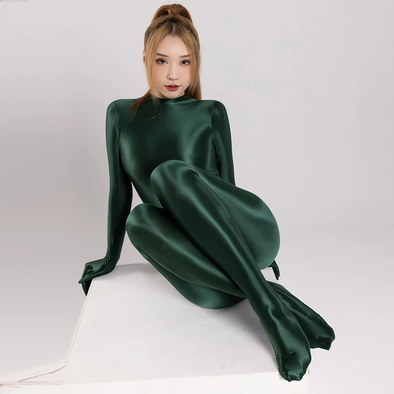 Glansig glansig satin sexig zentai kvinnor långärmad fingerhandskar blixtlås tillbaka i full längd bodysuit silkeslen tights catsuit 240301