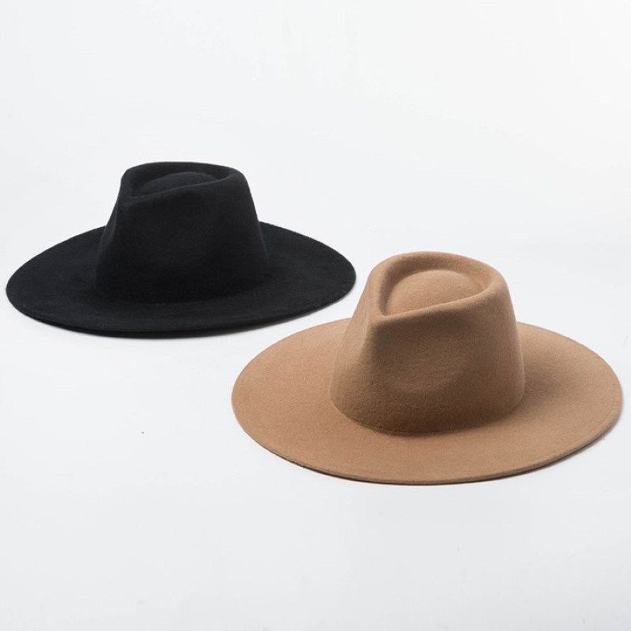 Klassisk bred brimporkpie fedora hatt kamel svart 100% ull hattar män kvinnor krossbar vinter hatt derby bröllop kyrka jazz hattar y2329k