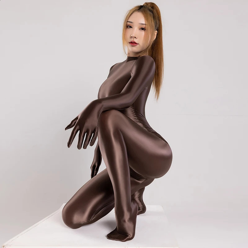 Glansig glansig satin sexig zentai kvinnor långärmad fingerhandskar blixtlås tillbaka i full längd bodysuit silkeslen tights catsuit 240301