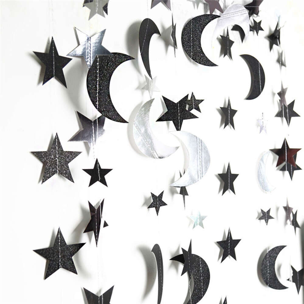 Yeni 4m Gold Sier Star Moon Garland Asma Flamalar Banner Çocuklar İçin Doğum Günü Bebek Duş Dekorasyonları Duvar Zemin Ramazan Eid