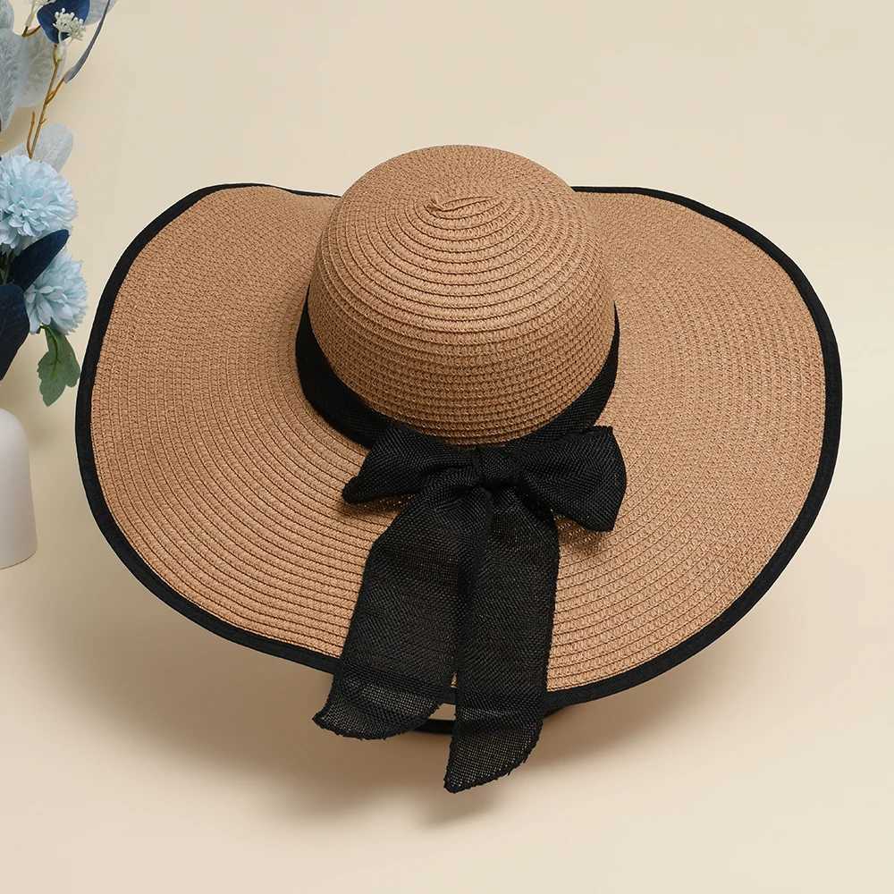 Wide Brim Hats Bucket Hats New Summer Womens Rowing Beach Hat Womens Casual Panama Hat Womens Classic Flat Bow Knot Straw Hat Womens Gift J240305