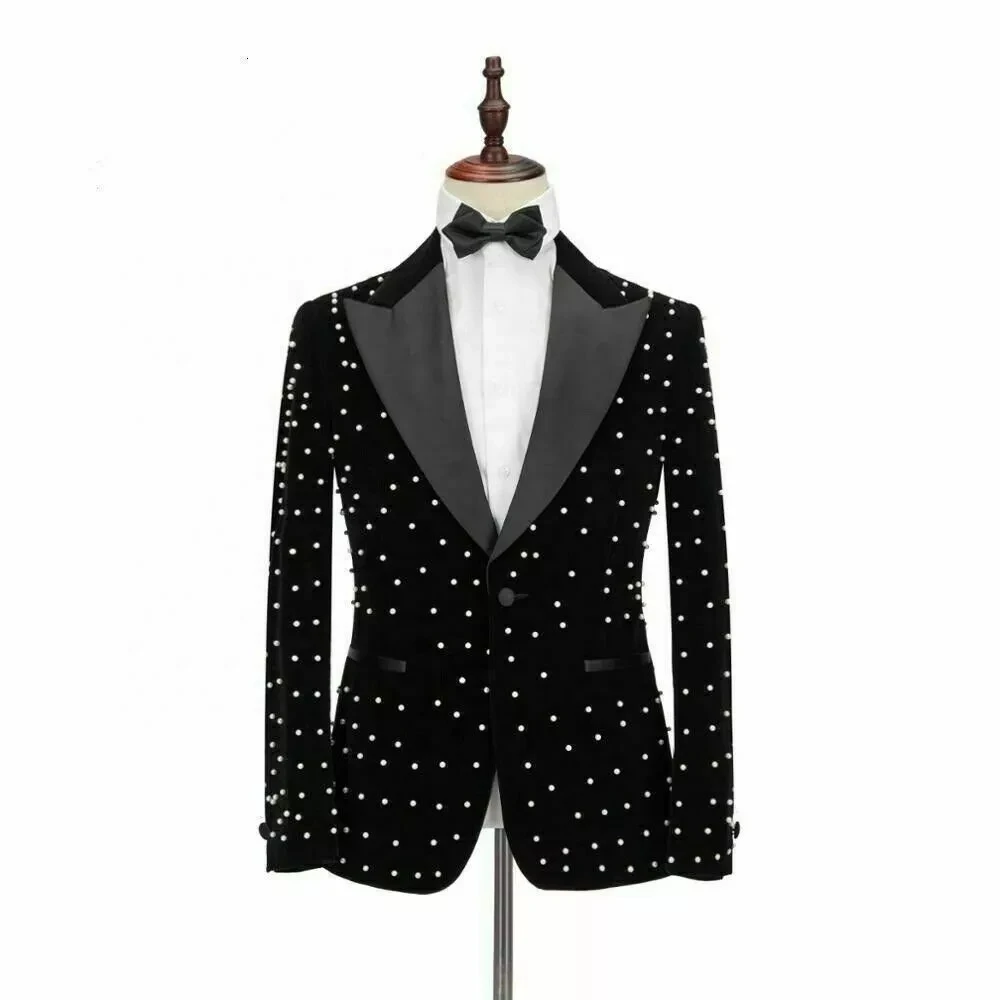 Shirts 2022 Crystal Beading Black Veet Men Suits Costume Homme Groom Tuxedos Wedding Terno Masculino Slim Fit Party Blazer