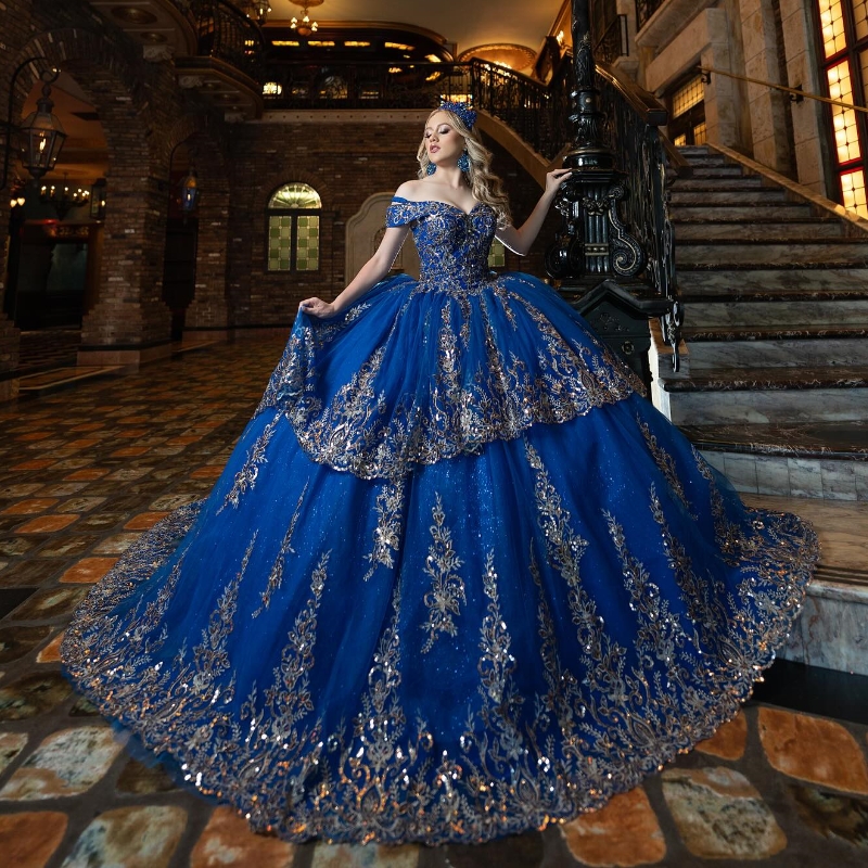 Robes de luxe bleu royal quinceanera pour 16 filles appliques dentelle perles tulle princesse robes de bal anniversaire robe de bal vestidos de 15 anos