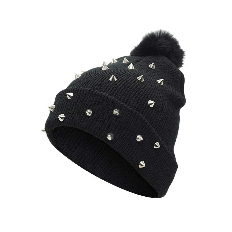 Beanie Skull Caps Mulheres Punk Rebite Chapéu de Inverno Preto Grande Pom Moda Malha Lã Grosso Quente Ladies259U