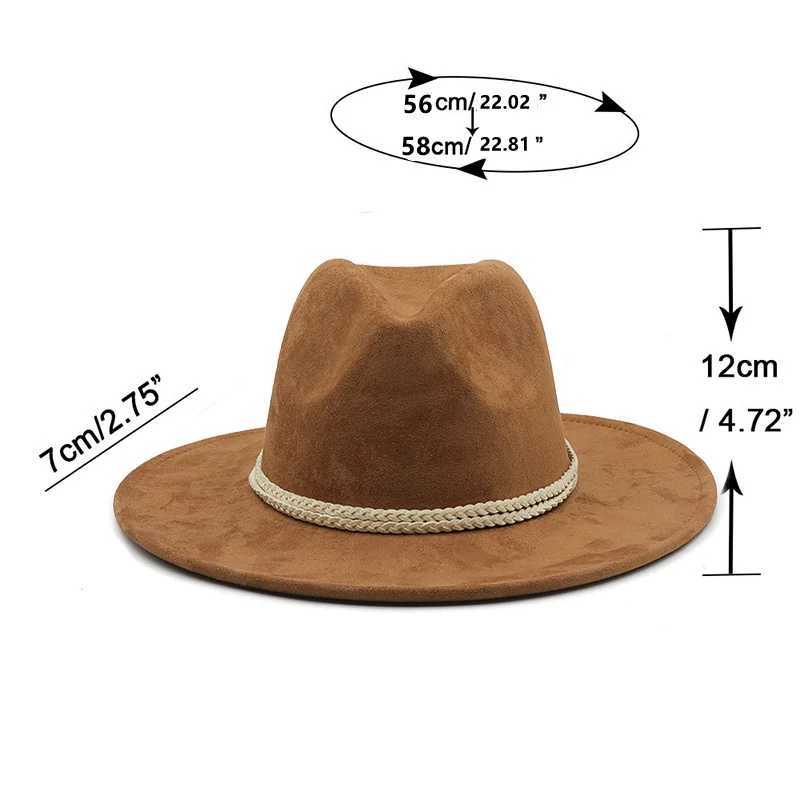 Wide Brim Hats Bucket Hats New Velvet Fedora Womens Hat 8cm Wide Brim Panama Western Cowboy Hat Winter Jazz Church Straw Hat J240305