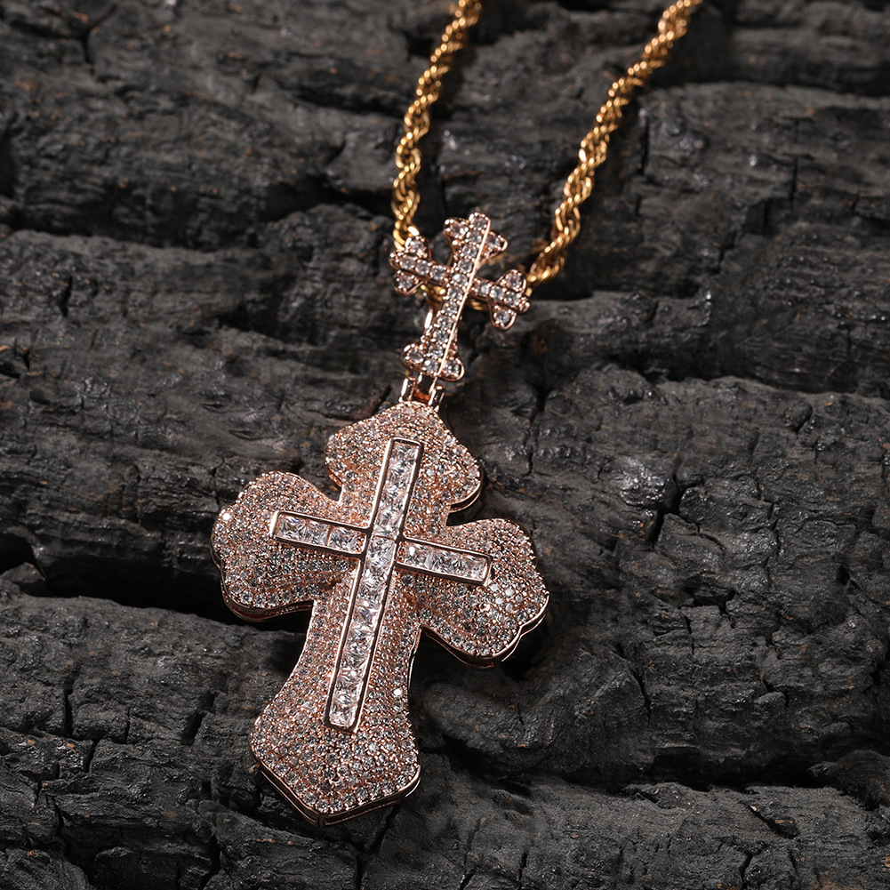 Hip Hop Fashion Charm TopBling 5A Zircon Cross Pendant Necklace 18k Real Gold Plated Women Men Religion Jewelry