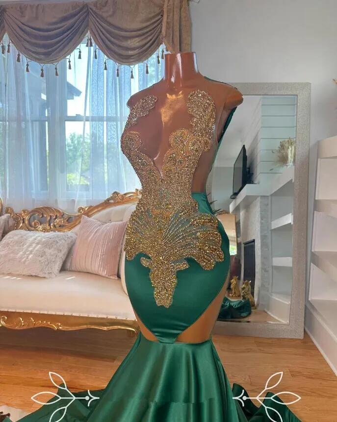 Grön ren o nacke lång sjöjungfrun prom klänning för svarta flickor 2024 Guldpärlor Rhinestone födelsedagsfestklänningar Kvällsklänningar Robe de Bal 0305