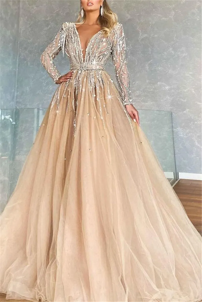 Champagne Evening Dresses Long Sleeves Beaded Sequins Plunging V Neck A Line Floor Length Plus Size Pleats Prom Gown Formal Custom vestidos