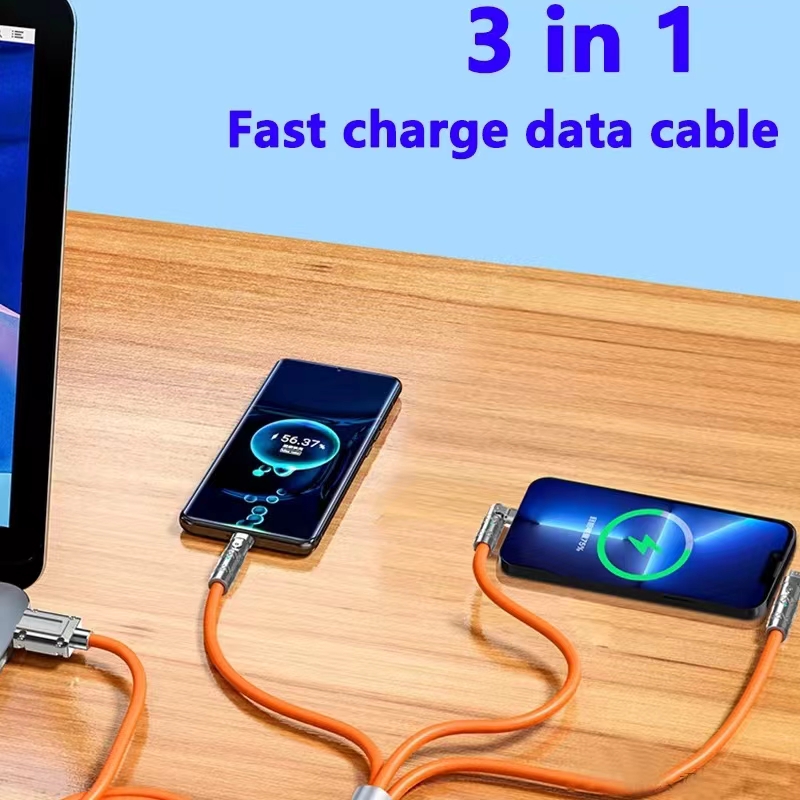 Cable de carga rápida 3 en 1 de 120W Rotación de 180° 6A Cable micro USB tipo C de carga súper rápida Silicona líquida para Xiaomi Samsung S24 Huawei LG Oneplus