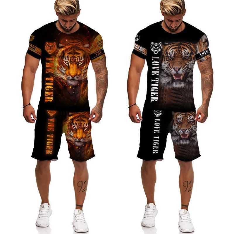 Men's Tracksuits Summer Tracksuit T-shirt Shorts Animal Tiger Printed Outfits Sports Suit Oversized Casual Streetwear Man Sets Clothing J240305