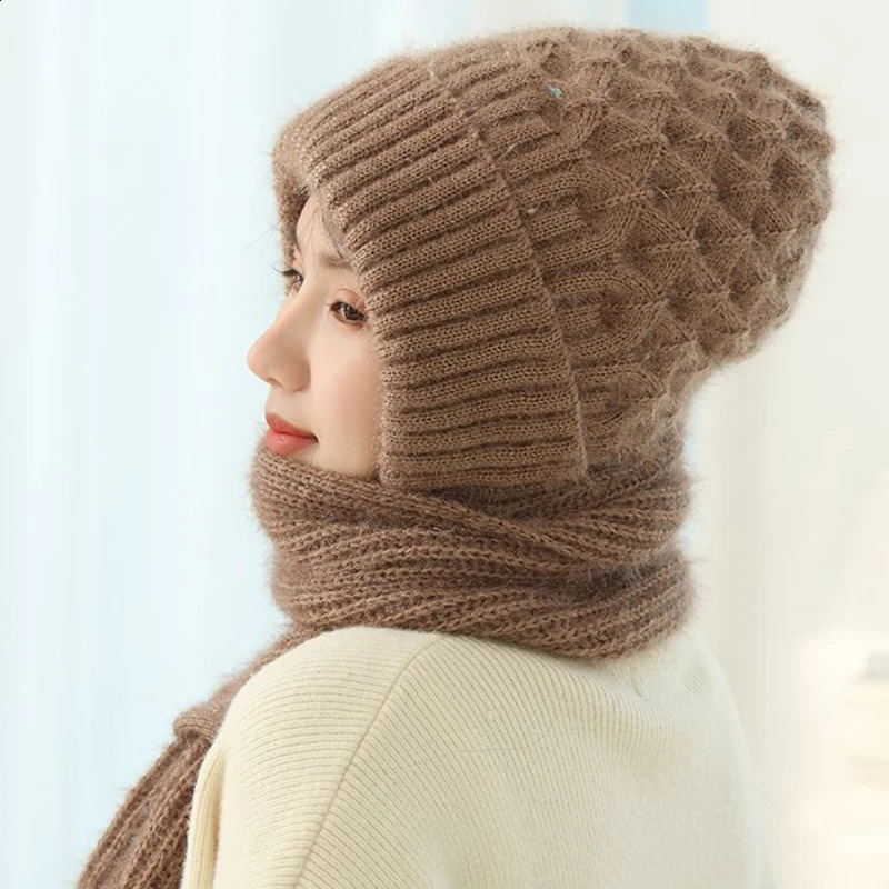 Cappello e sciarpa in peluche tutto in uno lavorato a maglia da donna inverno caldo ispessito con cappuccio protezione le orecchie da sci all'aperto berretto da donna 240227