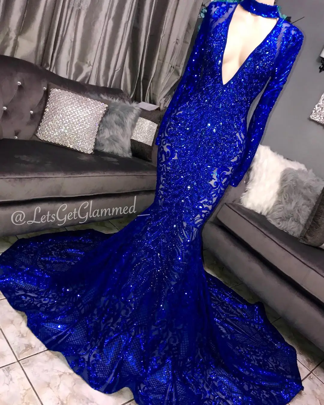 Sparkly Blue Red paljetter Mermaid Prom Dresses Sexig Deep V Neck Vintage Long Sleeves Women Evening Formal Party Gowns