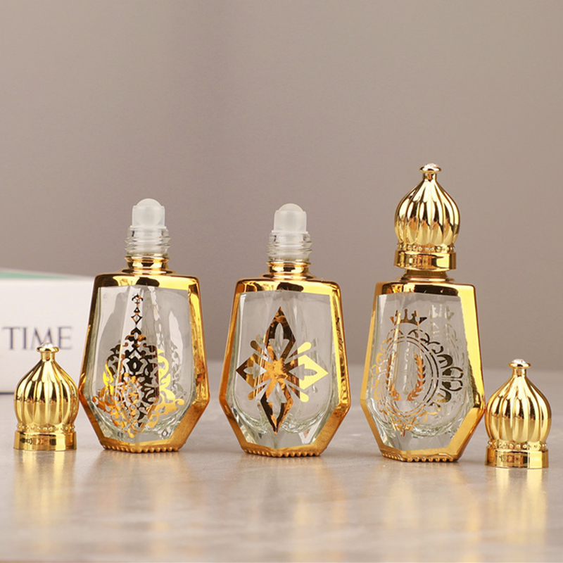 12ml Gold Arabic Crystal Essential Oil Roller Bottles Attar Oud Glass Perfume Bottle With Glass Roll On Bottle