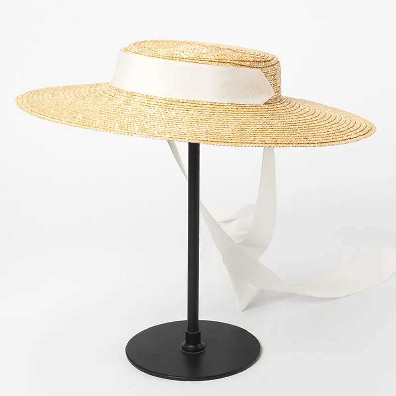 Chapeaux à larges bords Chapeaux de seau Chapeau d'aviron à large bord 10 cm 15 cm Chapeau de paille à bord plat pour femmes Chapeau de derby du Kentucky d'été Blanc Noir Ruban Cravate Chapeau de soleil Chapeau de plage J240305