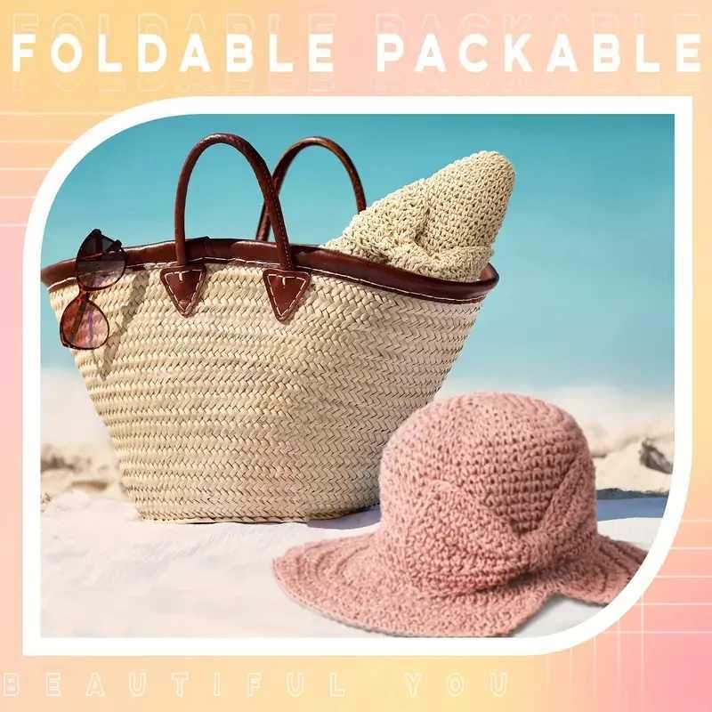 Wide Brim Hats Bucket Hats Grass bow sewn sun hat elegant retro crochet bucket hat foldable UV protection tourist beach hat spring/summer J240305