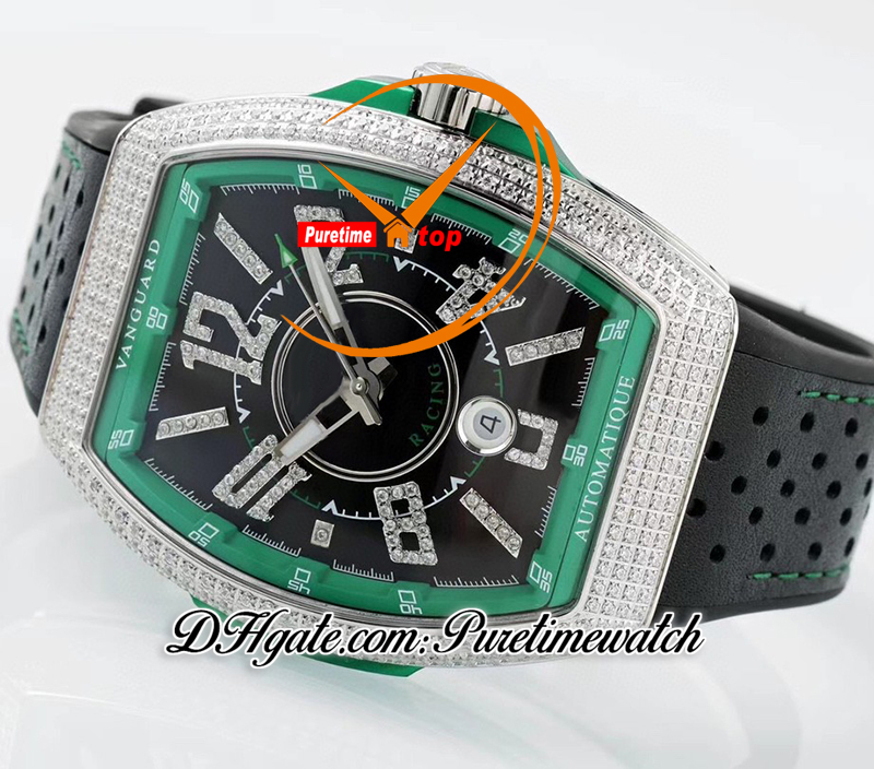 Vanguard V45 Yarış ETA A2824 Otomatik Erkekler İzle ABF Diamonds Çember Yeşil İç Siyah Diyal Pırlanta İşaretleri Kauçuk Kayış Süper Ediiton PureTiMewatch Reloj Hombre