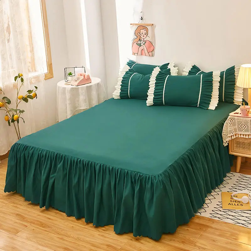Bonenjoy vanlig färgad säng kjol med elastisk grön fast färg enkakande storlek lakan rufflespillowcase behöver beställning 240304