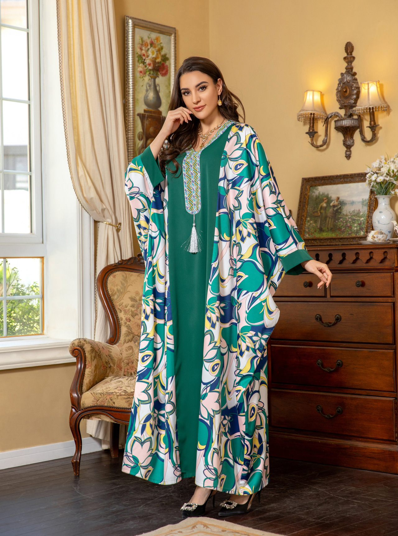 Robe muçulmano roupas femininas 2024 novo estilo abaya bat manga tamanho único diamante vestido árabe do oriente médio elegante impressão kaftan caftan marocain femme