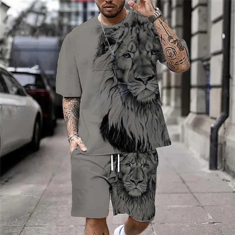 Survêtements pour hommes Summer Mens Track and Field Costume Cool Lion 3D imprimé T-shirt à manches courtes 2 pièces de vêtements de sport décontractés vêtements pour hommes à la mode J240305