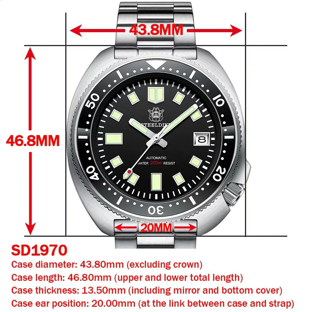 Steeldive SD1970 Data Branca Fundo 200M Wateproof NH35 6105 Turtle Automatic Dive Diver Watch 240220