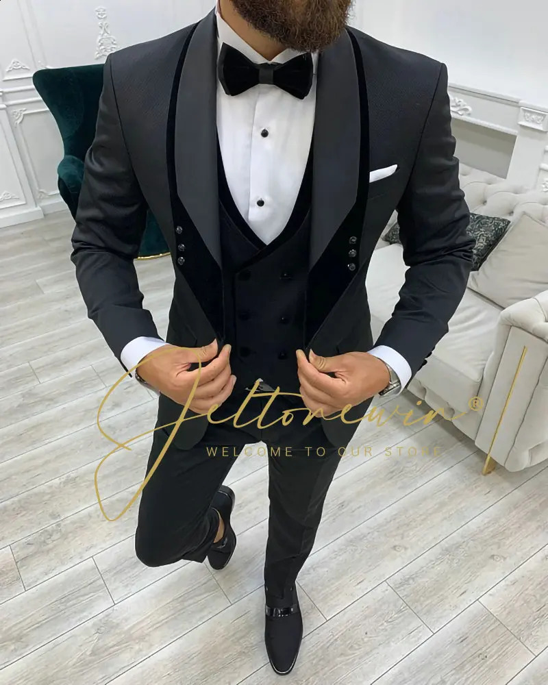 Kostüm homme mariage resmi moda siyah ince fit takımları erkekler için 3 parçalı damat düğün takım elbise smokin son ceket pantolon tasarımı 240227