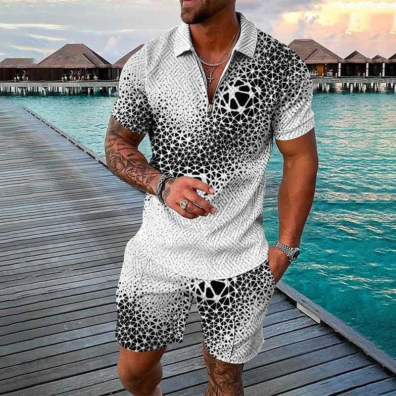 Men's Tracksuits 2023 Summer Mens Casual Set 3D Zipper Short sleeved Shirt Shorts 2-piece Set Sports Pants Hoodie Mens Clothing Tracking Clothing 3XL J240305