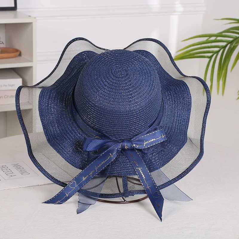 Wide Brim Hats Bucket Hats Foldable Big Brim Cork Girl Straw Hat Sun Hat with Bow Elegant Protection Shadow Fashion Womens Beach Hat 2021 Gorras J240305