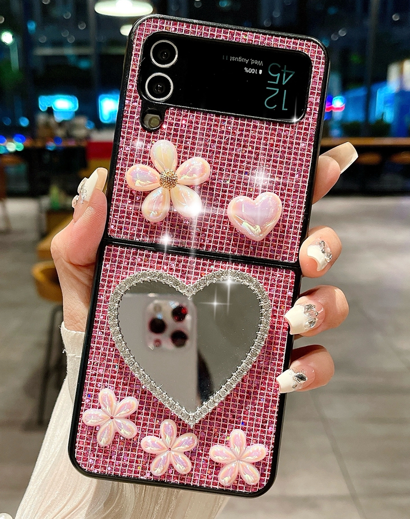 Zflip5 Bling Diamond Mirror Cases for Samsung Galaxy Z Fold 5 4 Flip 3 Flip5 3d Heart Love Flower Girls Lady Hard Pc Plastic Plastic Planchpling قابلة للطي غلاف هاتف لامع فاخر