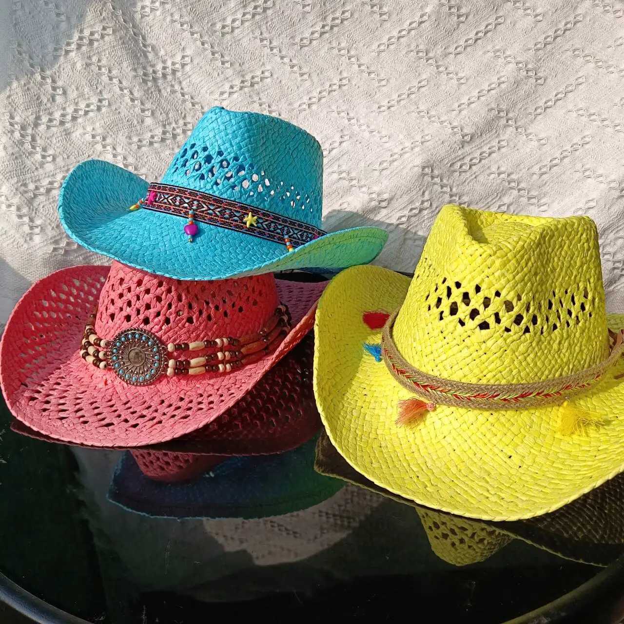 Hüte mit breiter Krempe, Eimerhüte, Cowboy-Strohhut, handgefertigt, hohl, für Herren und Damen, Sommer, Sonnenschutz, Strandhut, Reise, Western-Cowboy-Strohhut, Bikini, J240305