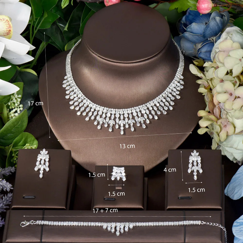 HIBRIDE Mode Blatt 4 stücke Schmuck Sets Für Dubai Frauen Braut Hochzeit CZ Ohrring Halskette parrure bijoux femme mariage N-1516 240228