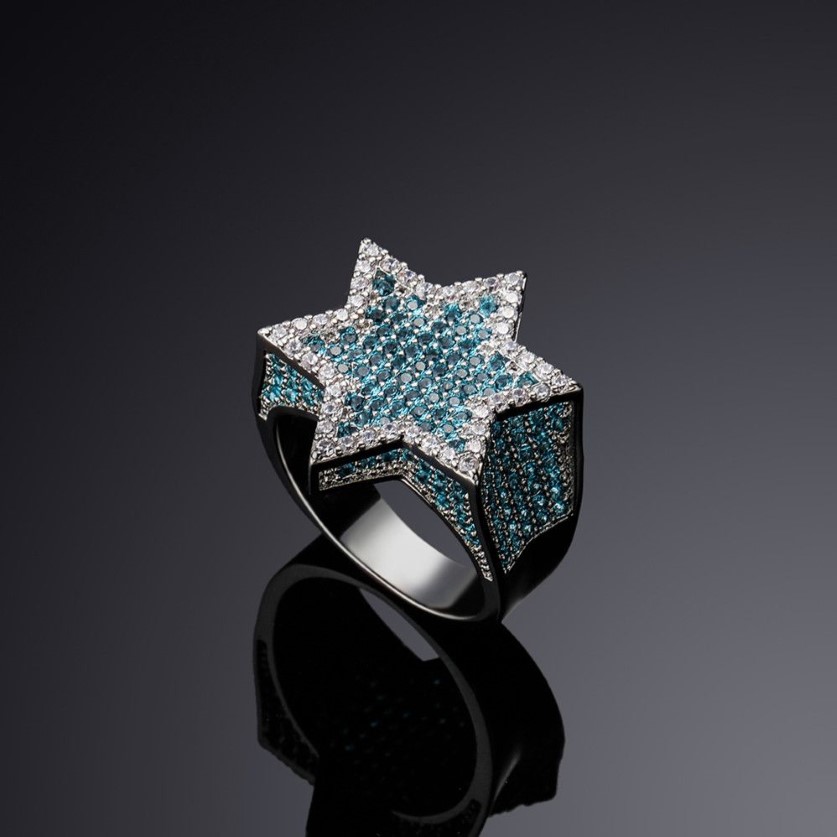 Nueva estrella hexagonal color plata azul helado circón cúbico con piedras laterales anillos micro pavimentado diamante joyería de hip hop para regalos282c